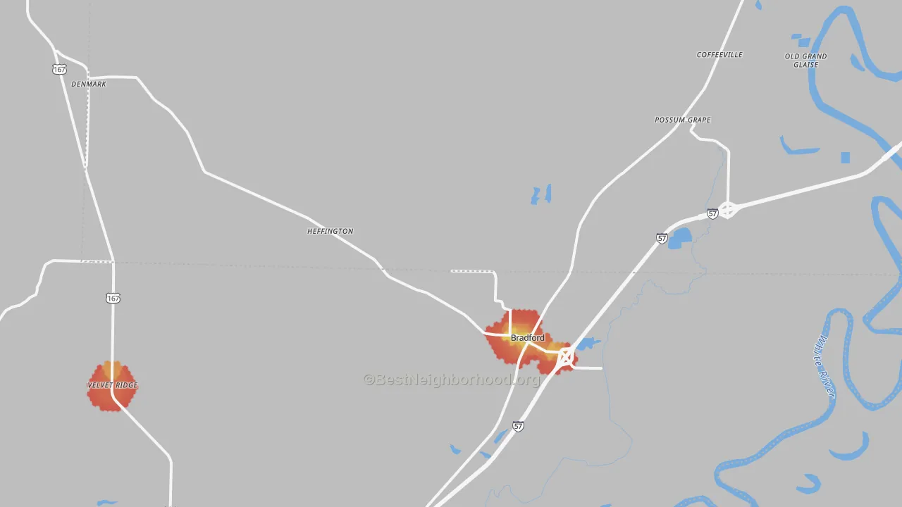 Walk Grade map of Bradford, AR, walkable areas in green and car-dependent areas in red