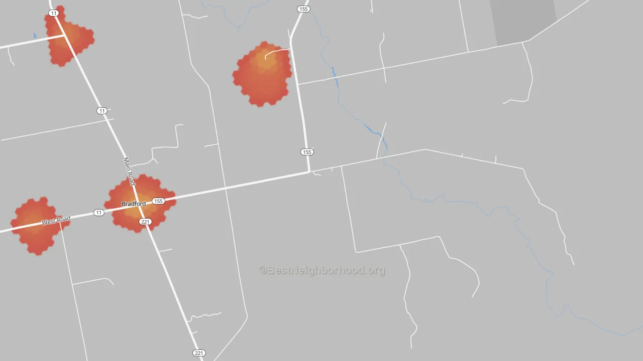Walk Grade map of Bradford Center, ME, walkable areas in green and car-dependent areas in red
