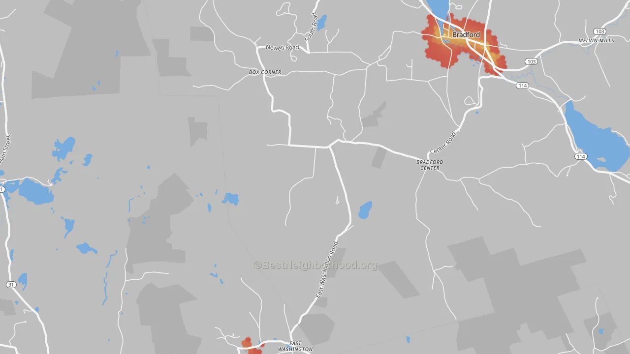 Walk Grade map of Bradford Center, NH, walkable areas in green and car-dependent areas in red
