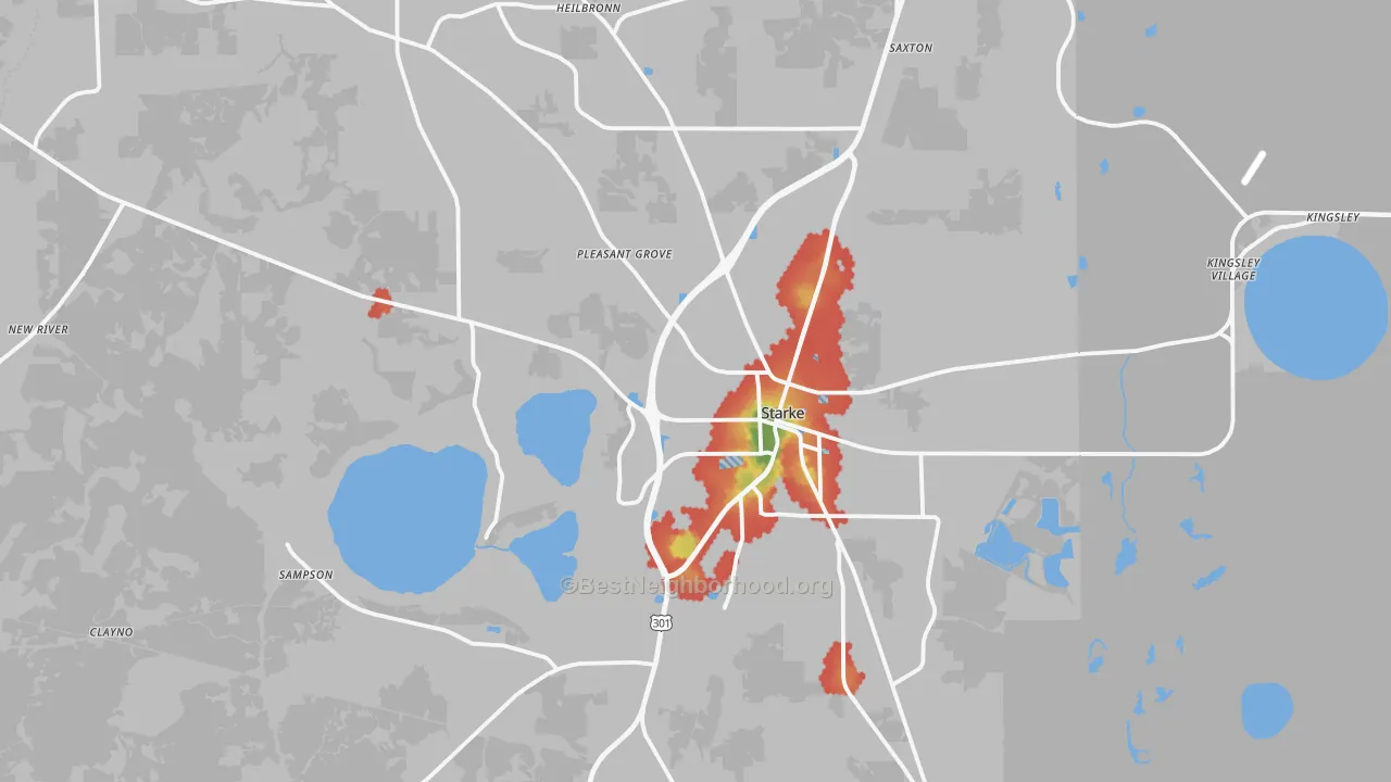 Walk Grade map of Bradford County, FL, walkable areas in green and car-dependent areas in red