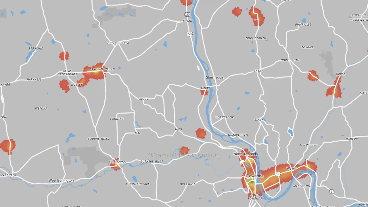 Walk Grade map of Bradford County, PA, walkable areas in green and car-dependent areas in red