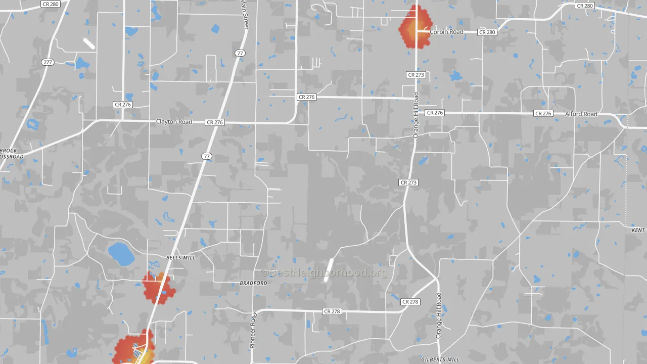 Walk Grade map of Bradford, FL, walkable areas in green and car-dependent areas in red