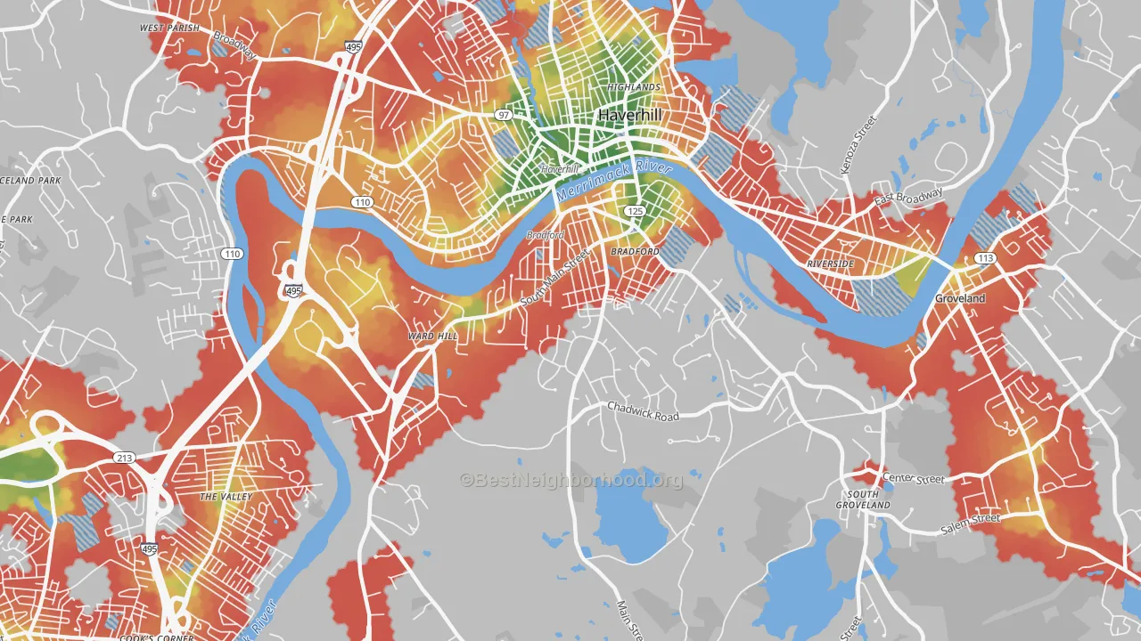Walk Grade map of Bradford, Haverhill, MA, walkable areas in green and car-dependent areas in red
