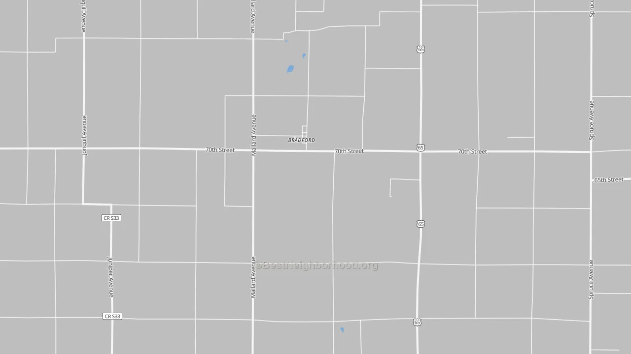 Walk Grade map of Bradford, IA, walkable areas in green and car-dependent areas in red
