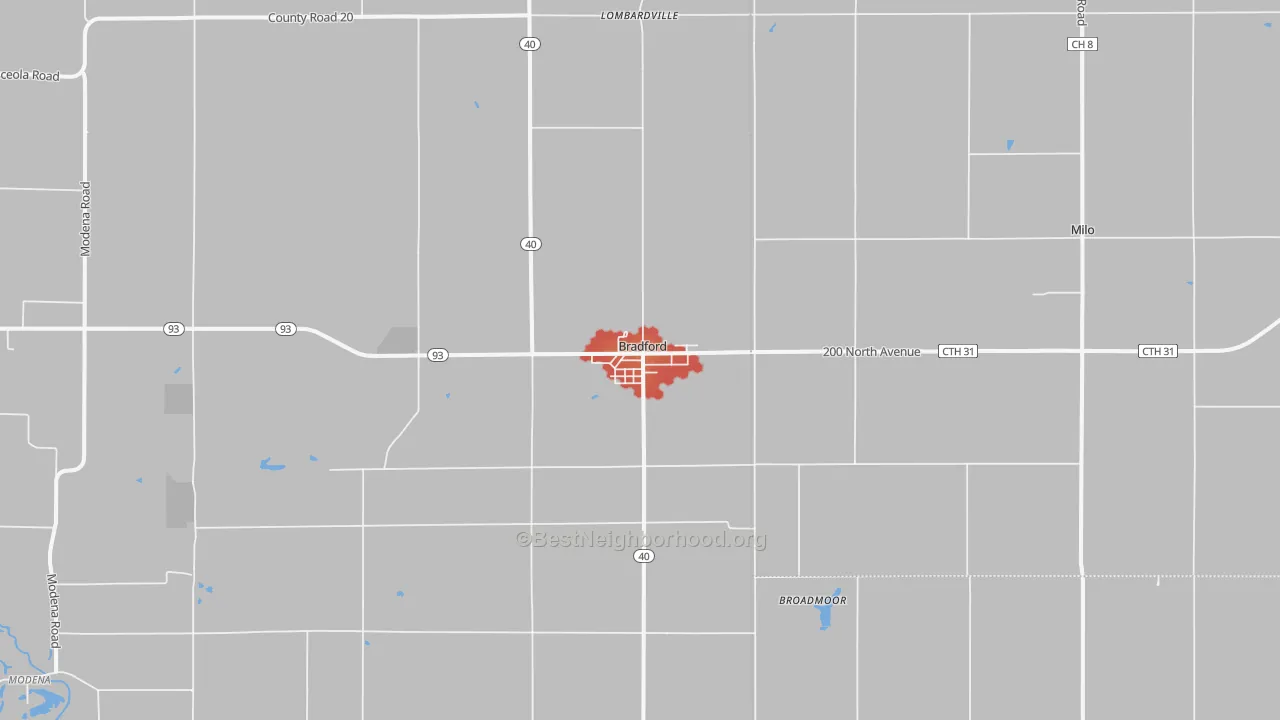 Walk Grade map of Bradford, IL, walkable areas in green and car-dependent areas in red