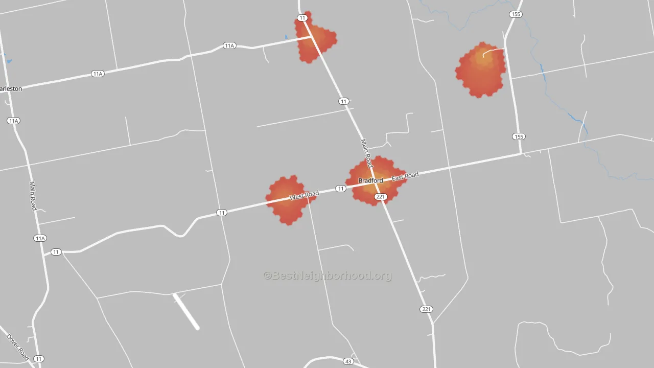 Walk Grade map of Bradford, ME, walkable areas in green and car-dependent areas in red