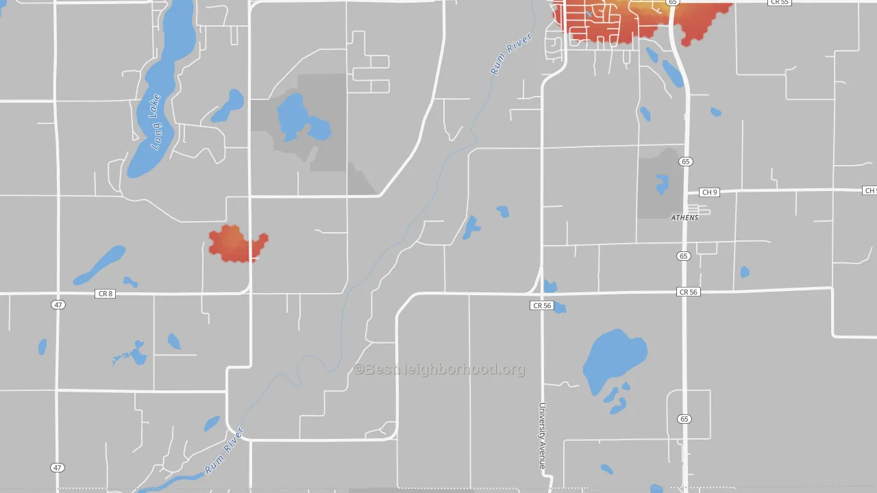 Walk Grade map of Bradford, MN, walkable areas in green and car-dependent areas in red