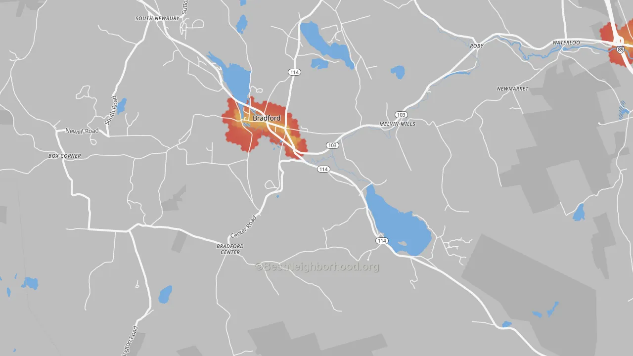 Walk Grade map of Bradford, NH, walkable areas in green and car-dependent areas in red