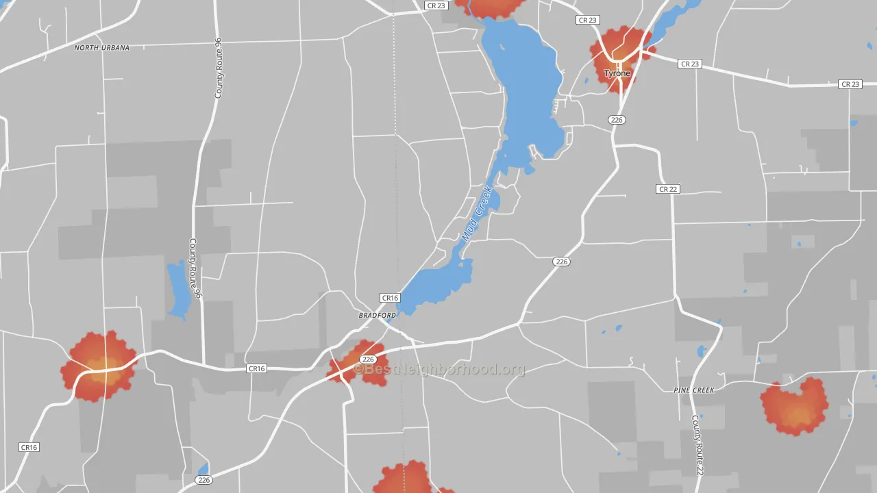 Walk Grade map of Bradford, NY, walkable areas in green and car-dependent areas in red