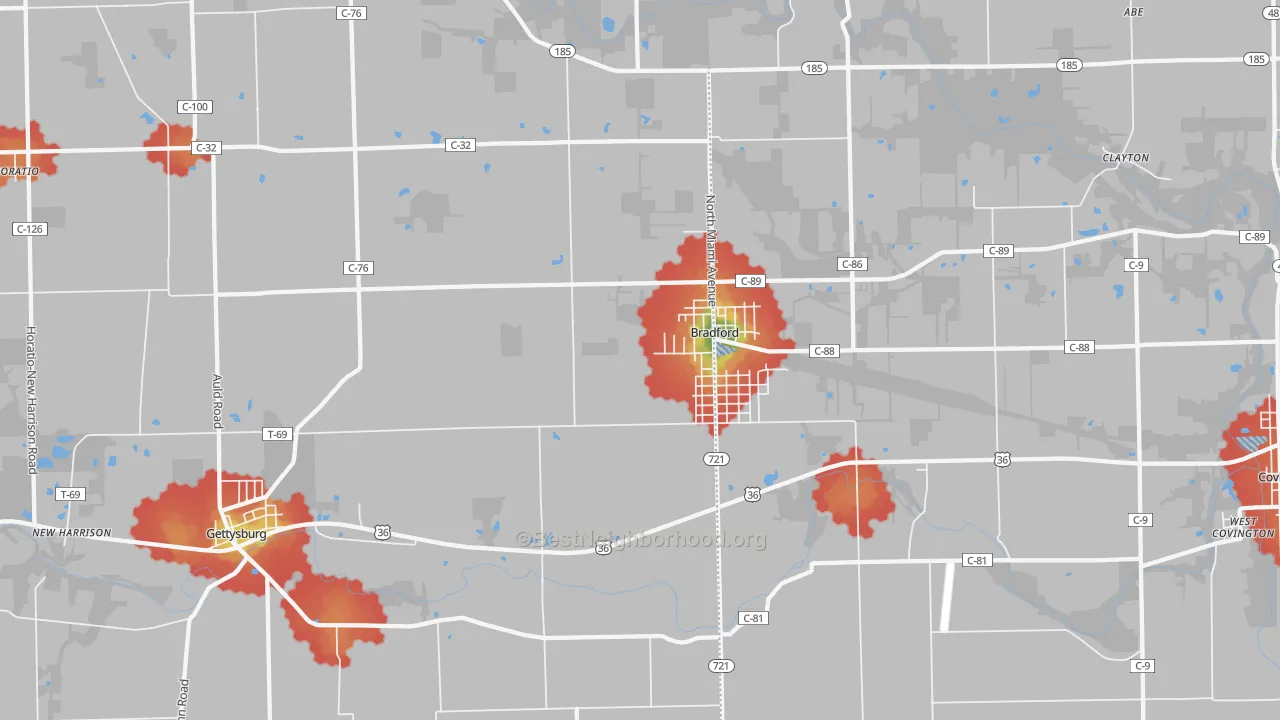 Walk Grade map of Bradford, OH, walkable areas in green and car-dependent areas in red