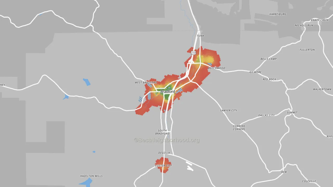 Walk Grade map of Bradford, PA, walkable areas in green and car-dependent areas in red