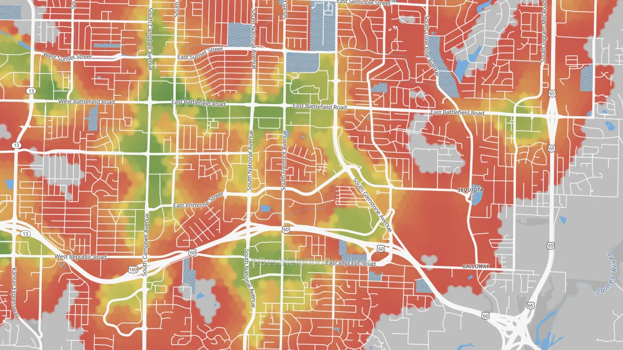 Walk Grade map of Bradford Park, Springfield, MO, walkable areas in green and car-dependent areas in red