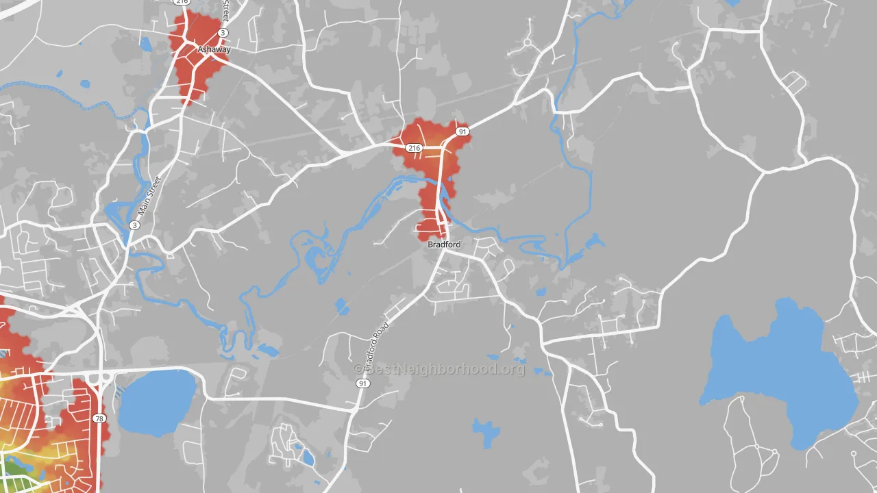 Walk Grade map of Bradford, RI, walkable areas in green and car-dependent areas in red