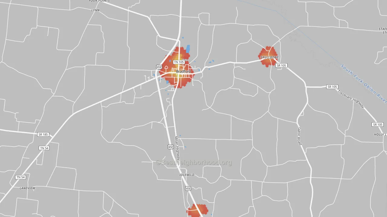 Walk Grade map of Bradford, TN, walkable areas in green and car-dependent areas in red