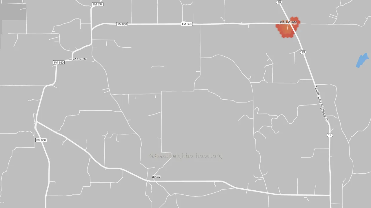 Walk Grade map of Bradford, TX, walkable areas in green and car-dependent areas in red