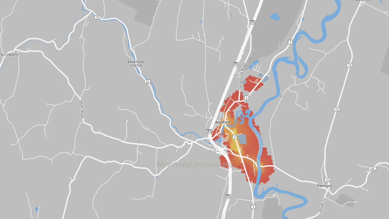 Walk Grade map of Bradford, VT, walkable areas in green and car-dependent areas in red