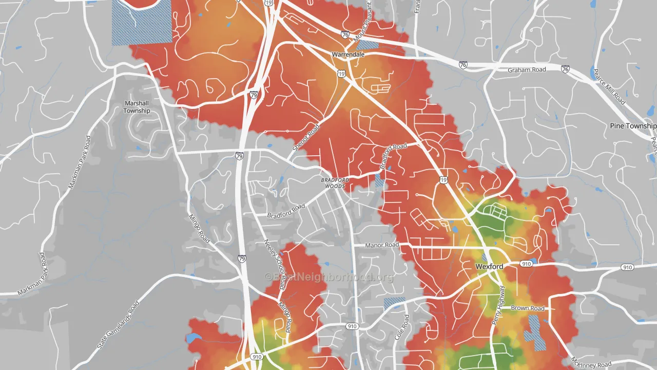 Walk Grade map of Bradford Woods, PA, walkable areas in green and car-dependent areas in red