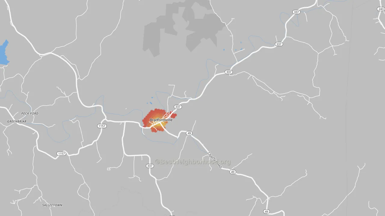 Walk Grade map of Bradfordsville, KY, walkable areas in green and car-dependent areas in red