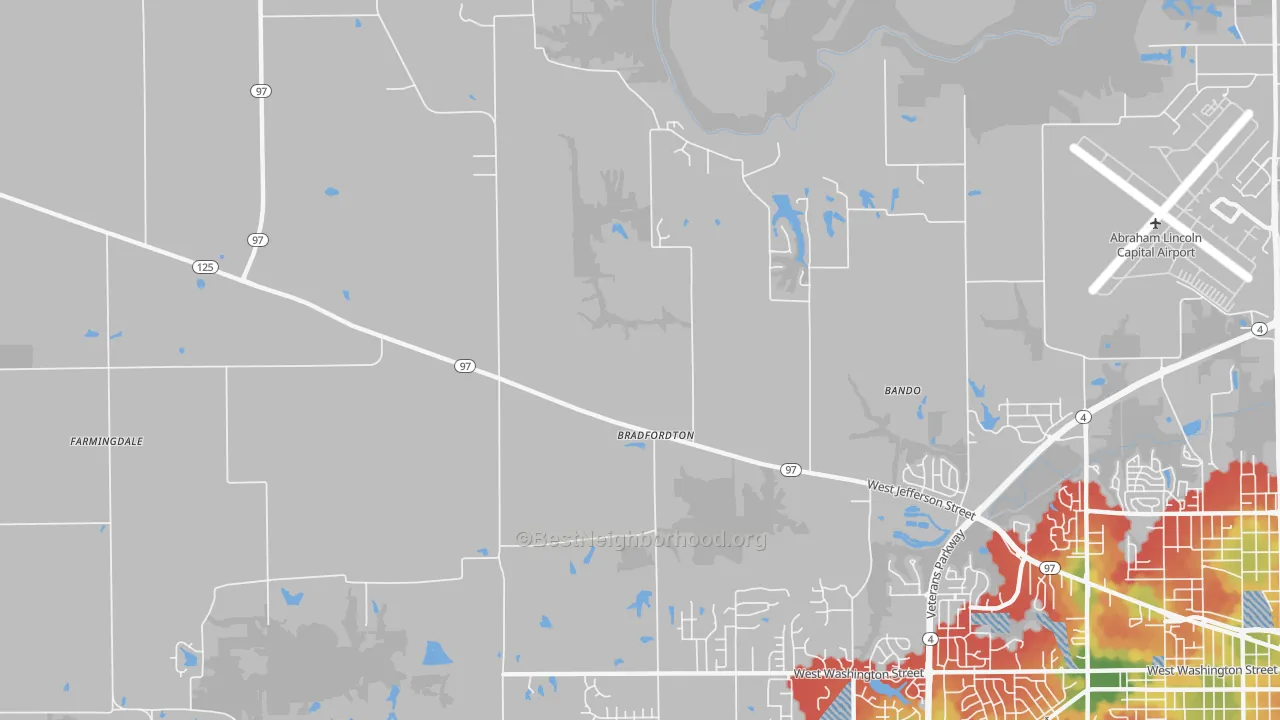 Walk Grade map of Bradfordton, IL, walkable areas in green and car-dependent areas in red