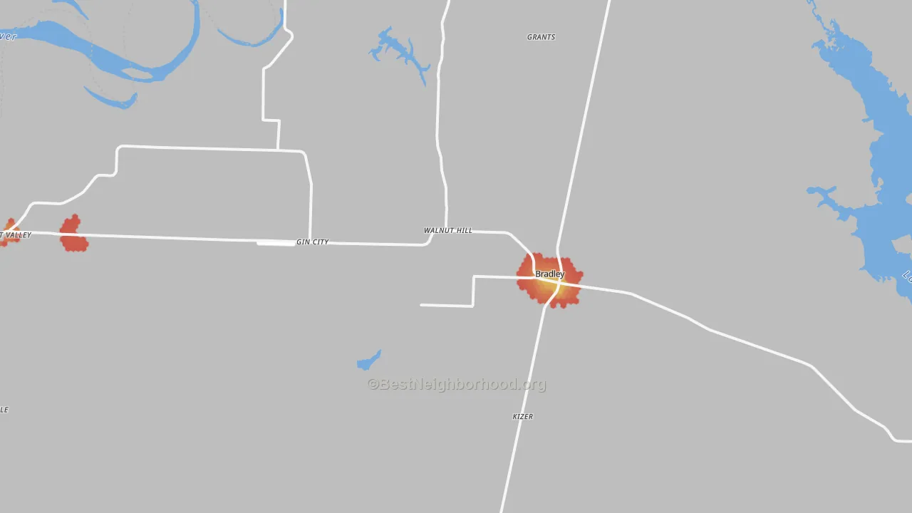 Walk Grade map of Bradley, AR, walkable areas in green and car-dependent areas in red