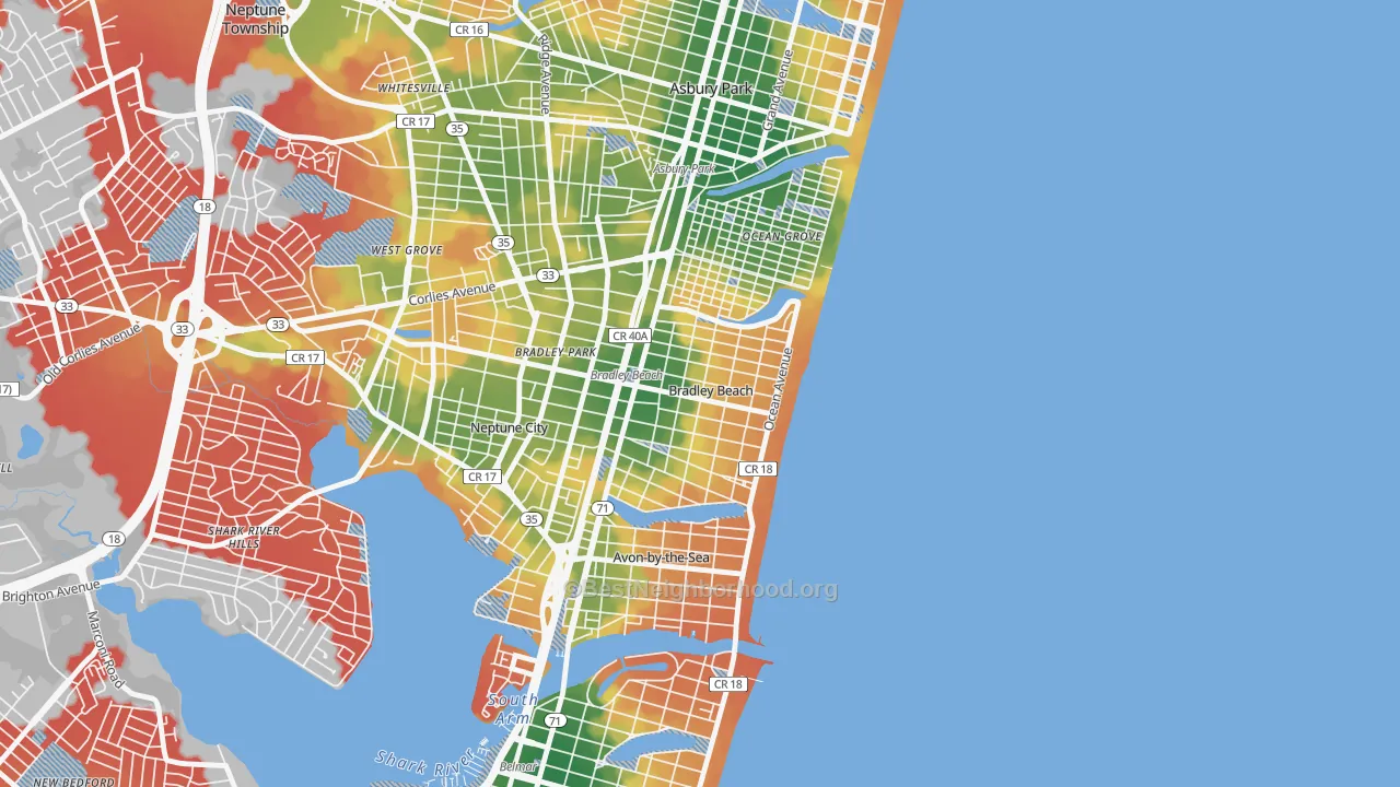 Walk Grade map of Bradley Beach, NJ, walkable areas in green and car-dependent areas in red
