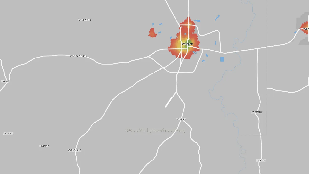 Walk Grade map of Bradley County, AR, walkable areas in green and car-dependent areas in red