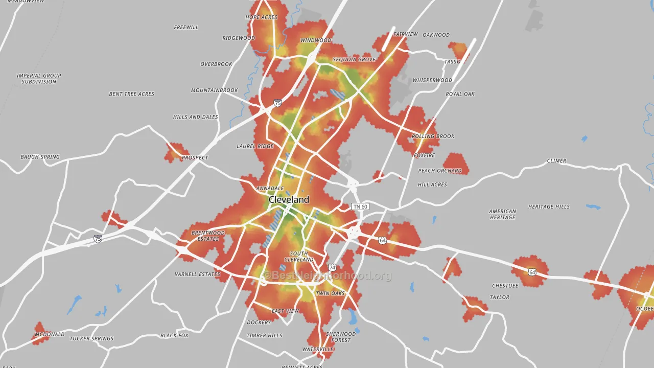 Walk Grade map of Bradley County, TN, walkable areas in green and car-dependent areas in red