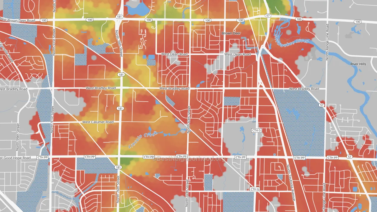 Walk Grade map of Bradley Estates, Milwaukee, WI, walkable areas in green and car-dependent areas in red
