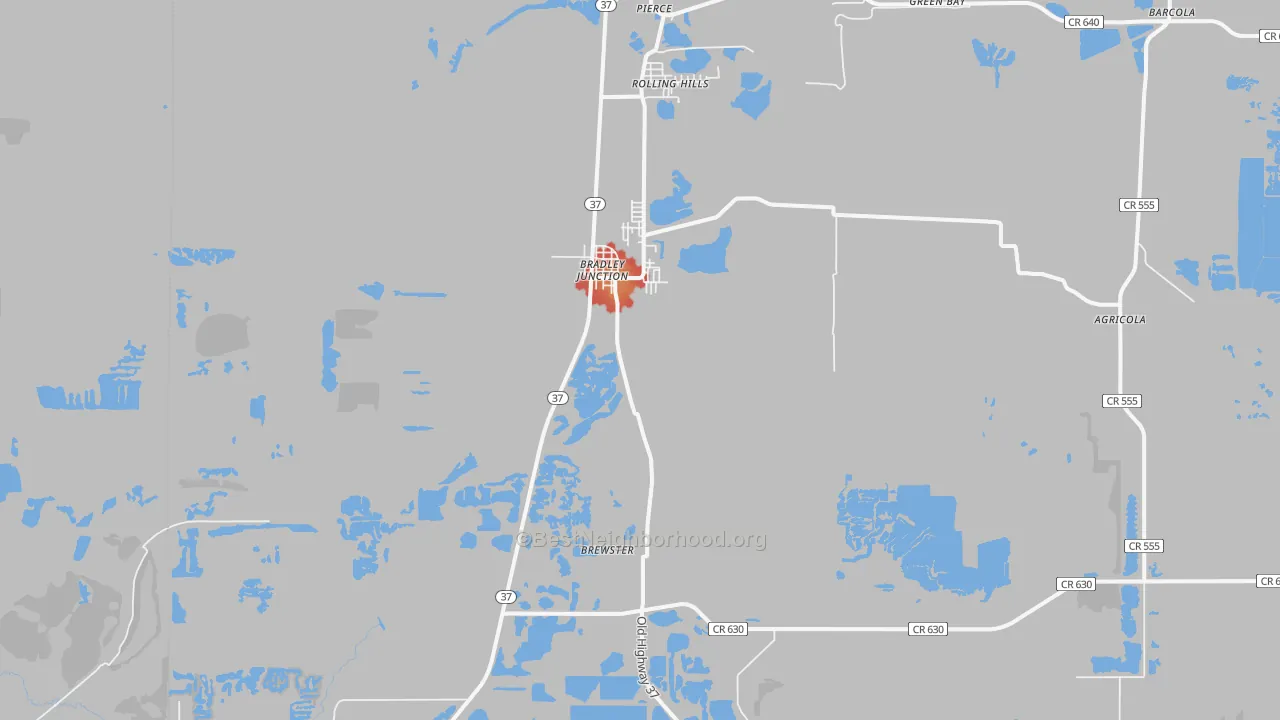 Walk Grade map of Bradley, FL, walkable areas in green and car-dependent areas in red