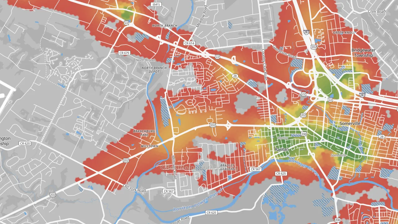 Walk Grade map of Bradley Gardens, NJ, walkable areas in green and car-dependent areas in red