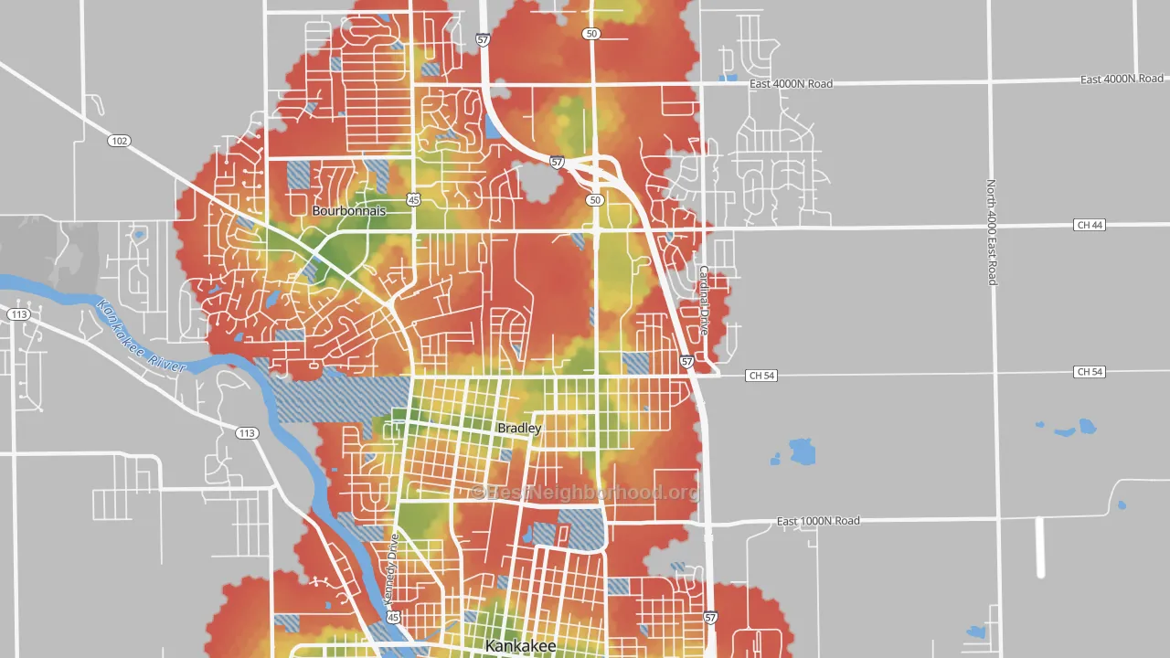 Walk Grade map of Bradley, IL, walkable areas in green and car-dependent areas in red