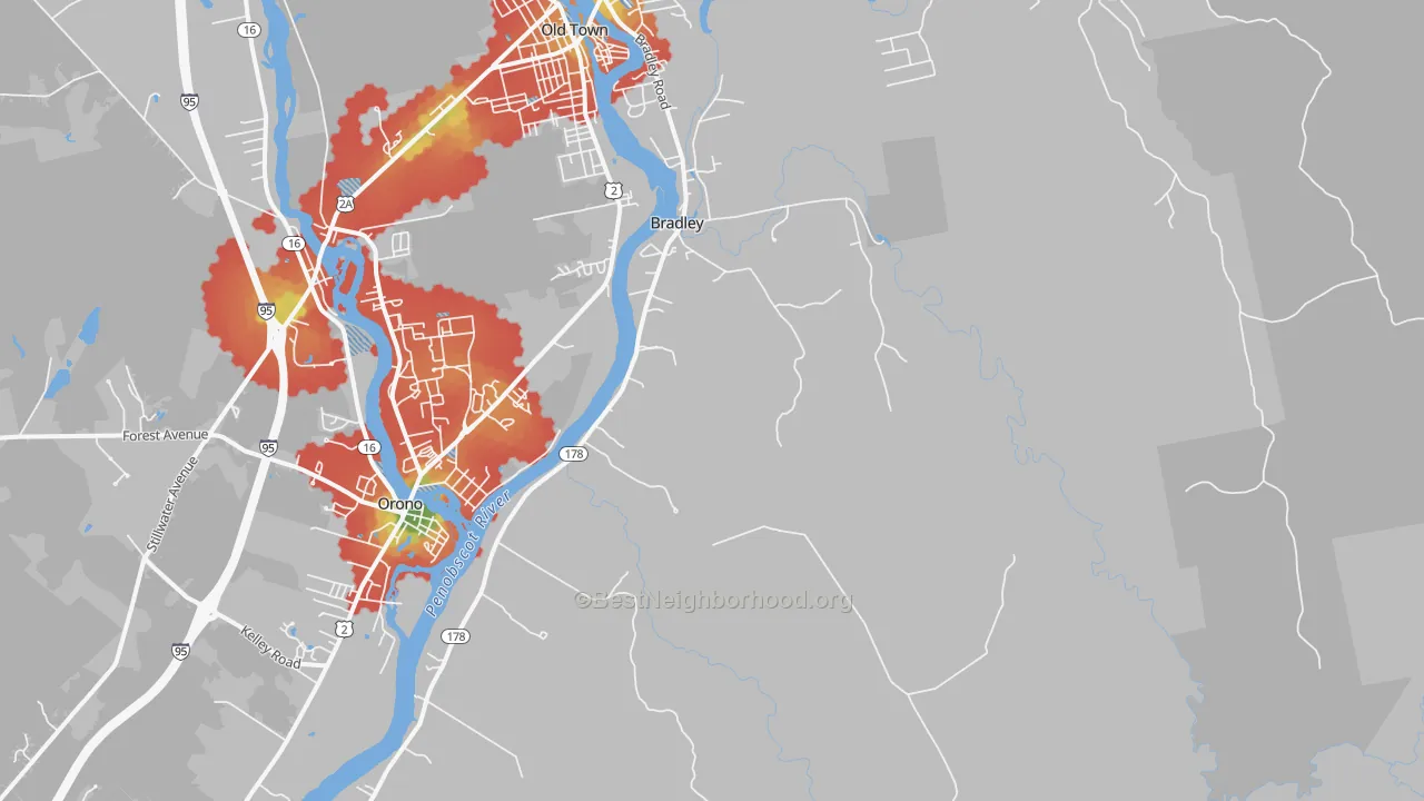Walk Grade map of Bradley, ME, walkable areas in green and car-dependent areas in red