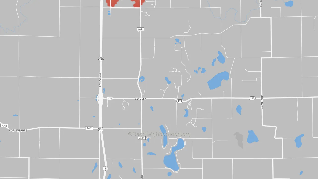 Walk Grade map of Bradley, MI, walkable areas in green and car-dependent areas in red