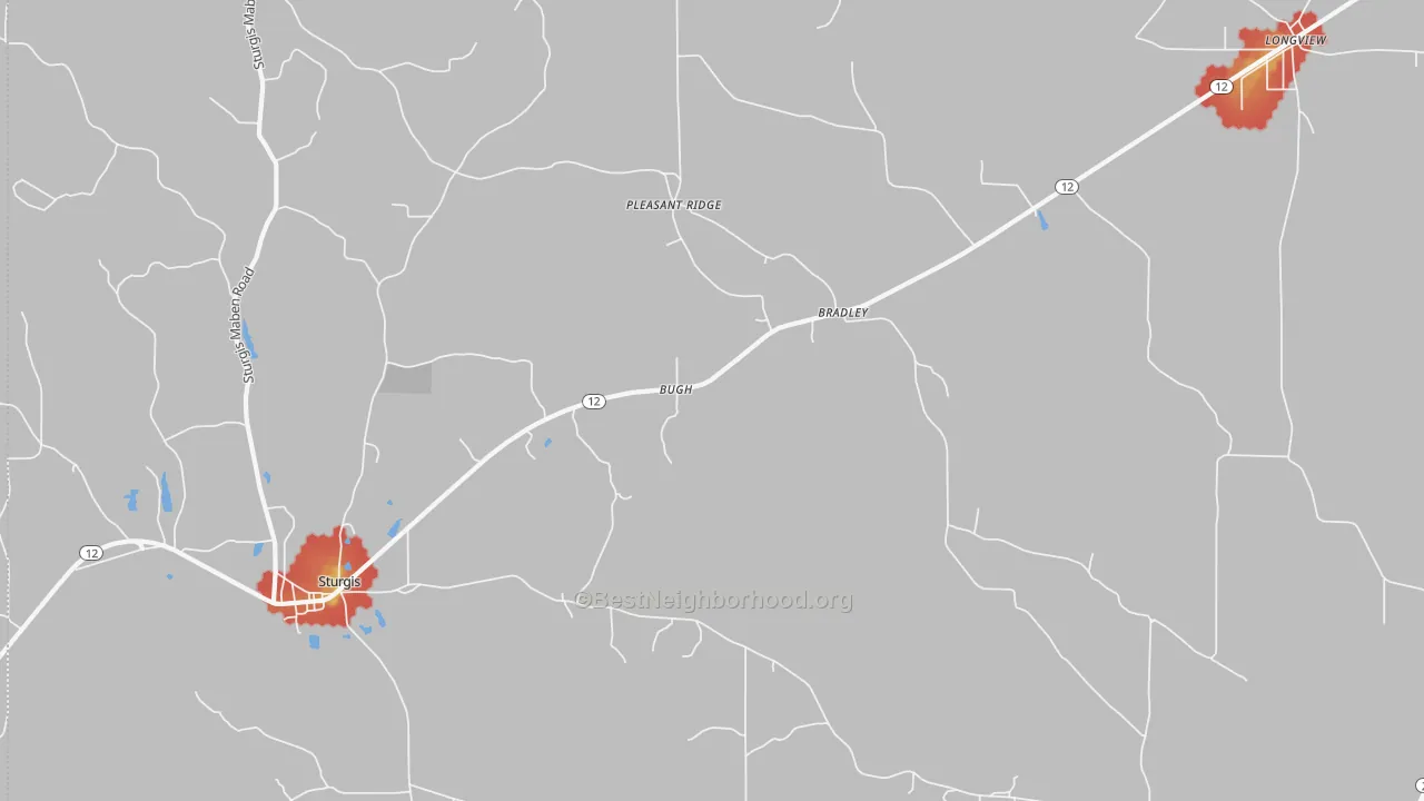 Walk Grade map of Bradley, MS, walkable areas in green and car-dependent areas in red