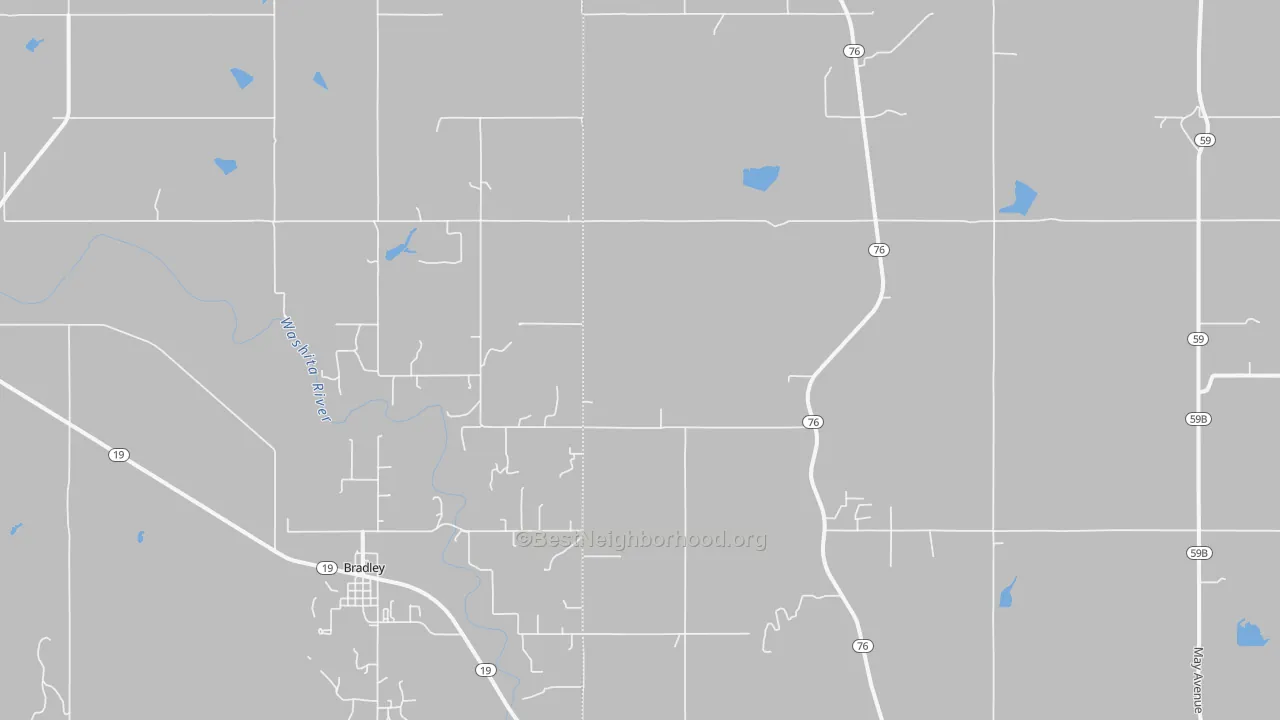 Walk Grade map of Bradley, OK, walkable areas in green and car-dependent areas in red