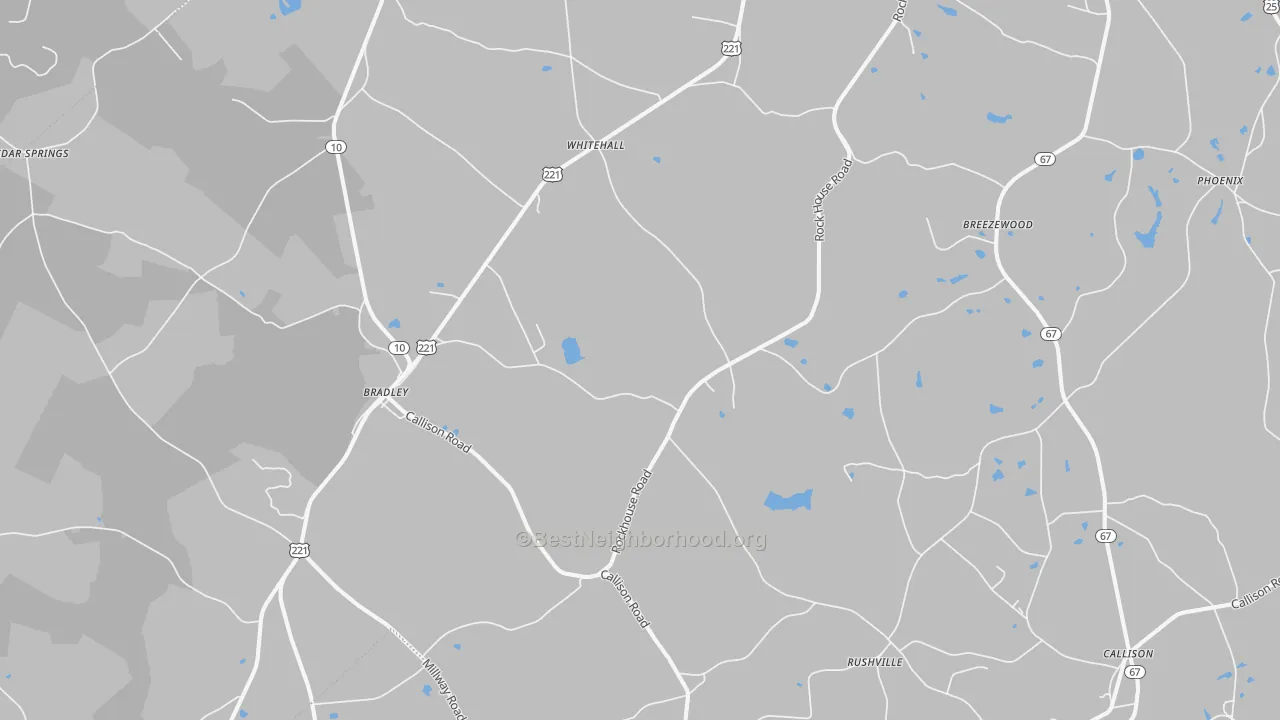 Walk Grade map of Bradley, SC, walkable areas in green and car-dependent areas in red