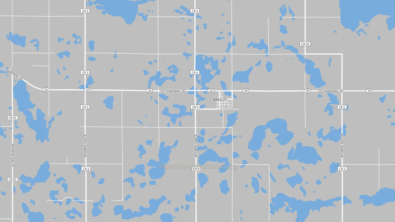 Walk Grade map of Bradley, SD, walkable areas in green and car-dependent areas in red