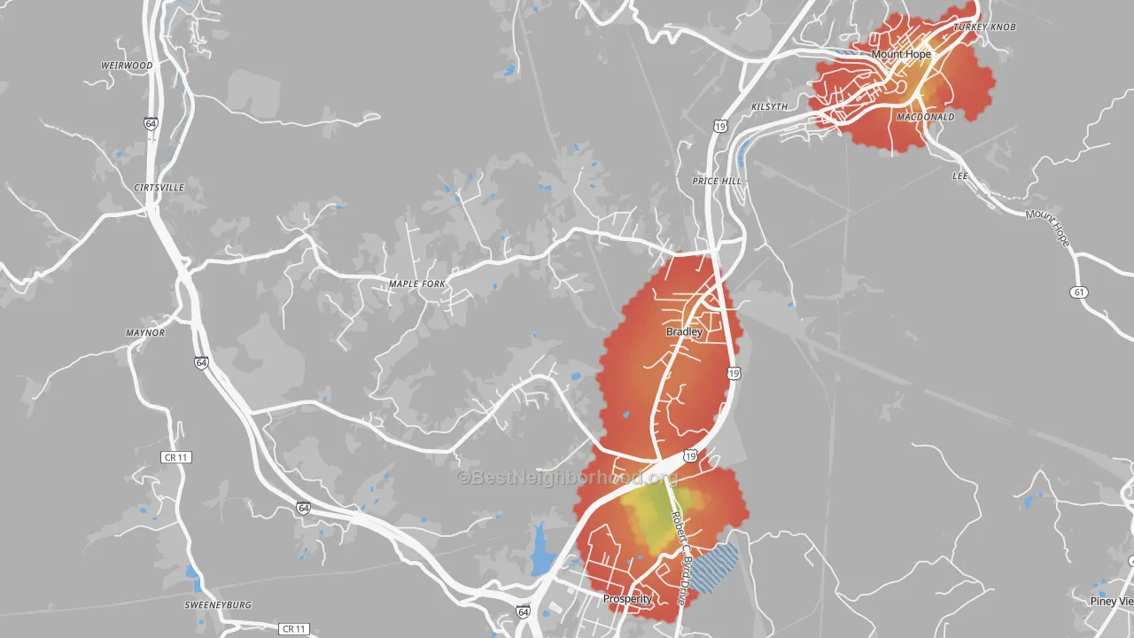 Walk Grade map of Bradley, WV, walkable areas in green and car-dependent areas in red