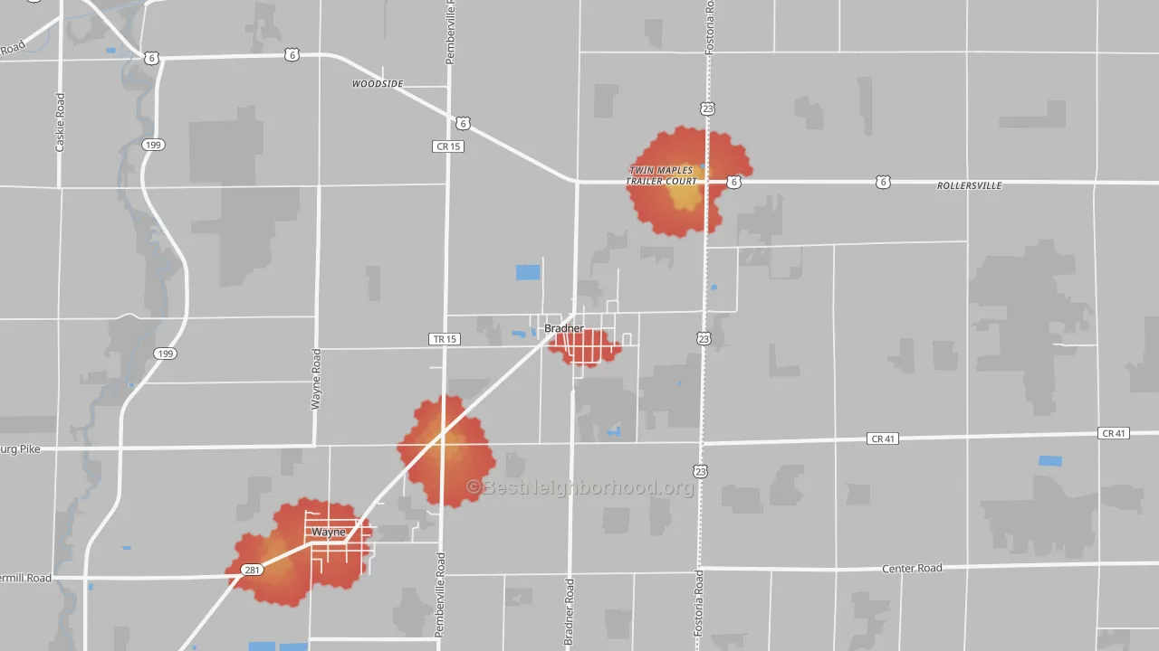 Walk Grade map of Bradner, OH, walkable areas in green and car-dependent areas in red