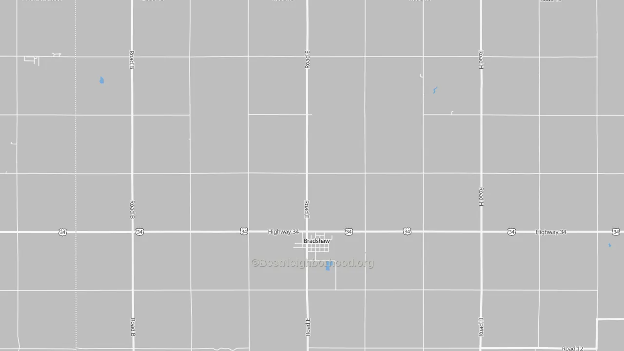 Walk Grade map of Bradshaw, NE, walkable areas in green and car-dependent areas in red