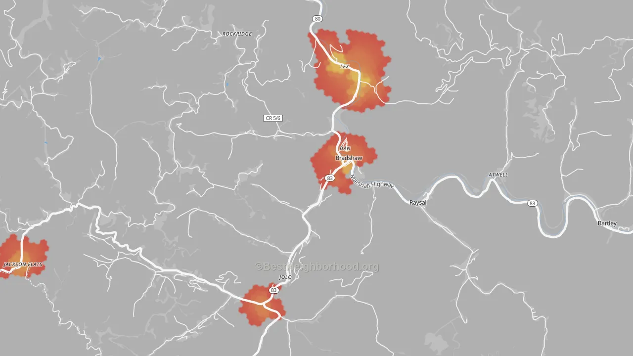 Walk Grade map of Bradshaw, WV, walkable areas in green and car-dependent areas in red
