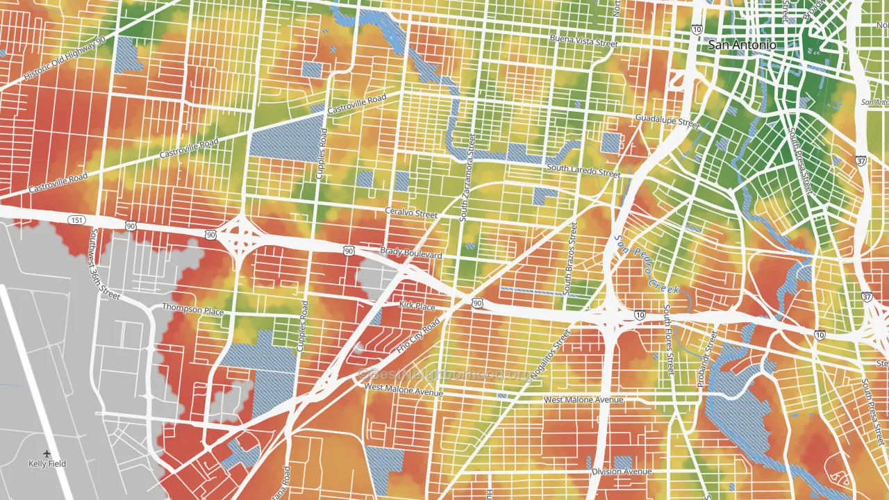 Walk Grade map of Brady Gardens, San Antonio, TX, walkable areas in green and car-dependent areas in red