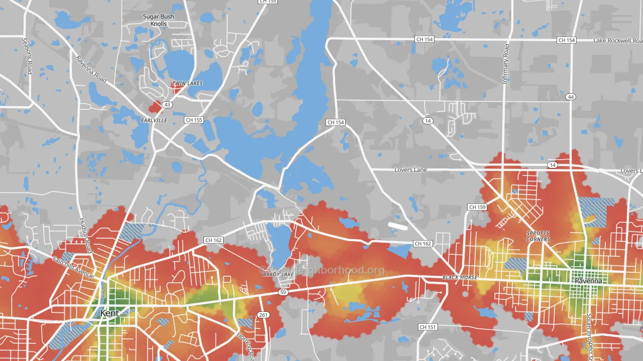 Walk Grade map of Brady Lake, OH, walkable areas in green and car-dependent areas in red
