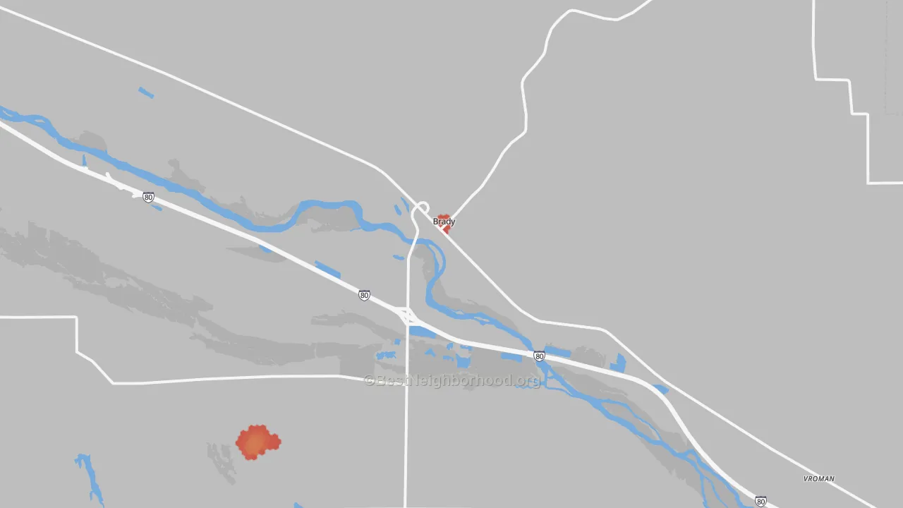 Walk Grade map of Brady, NE, walkable areas in green and car-dependent areas in red