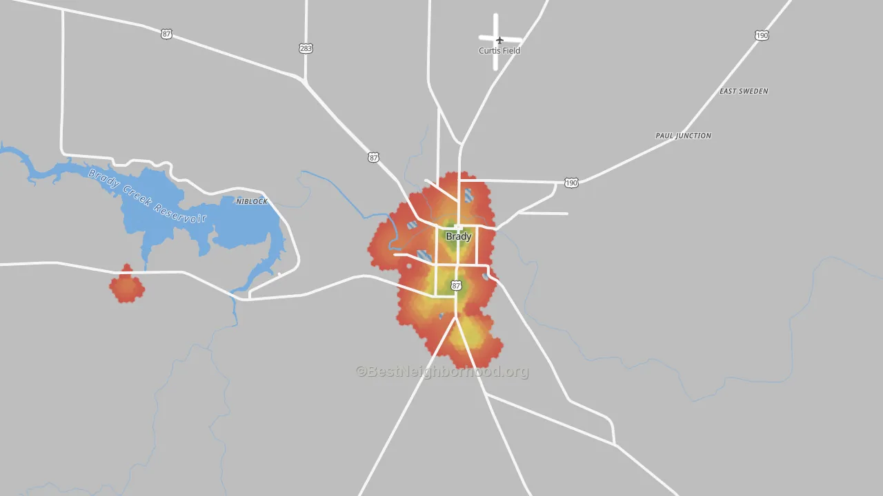 Walk Grade map of Brady, TX, walkable areas in green and car-dependent areas in red