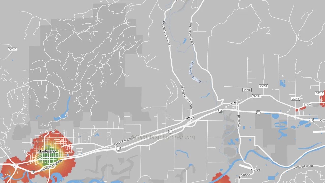 Walk Grade map of Brady, WA, walkable areas in green and car-dependent areas in red