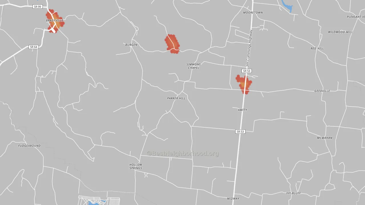 Walk Grade map of Bradyville, TN, walkable areas in green and car-dependent areas in red