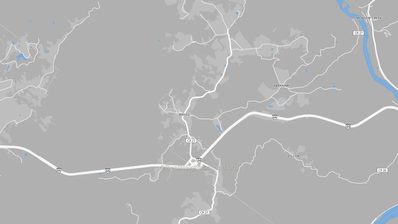 Walk Grade map of Bragg, WV, walkable areas in green and car-dependent areas in red