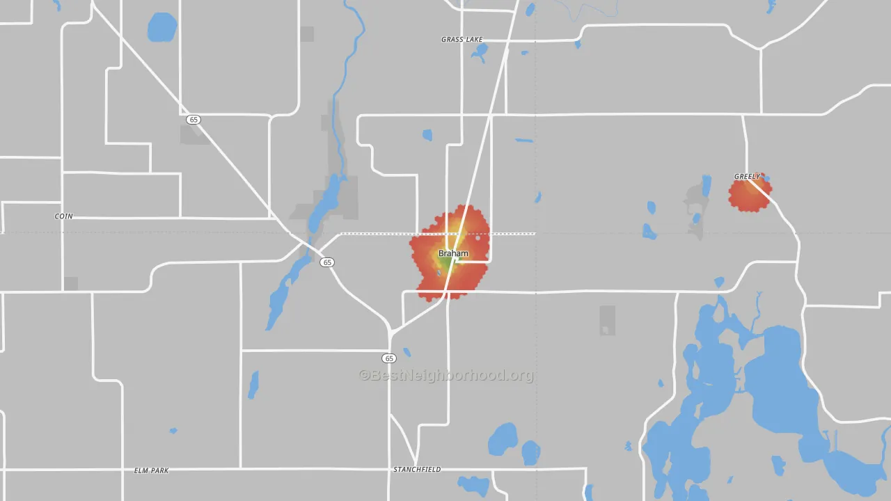 Walk Grade map of Braham, MN, walkable areas in green and car-dependent areas in red