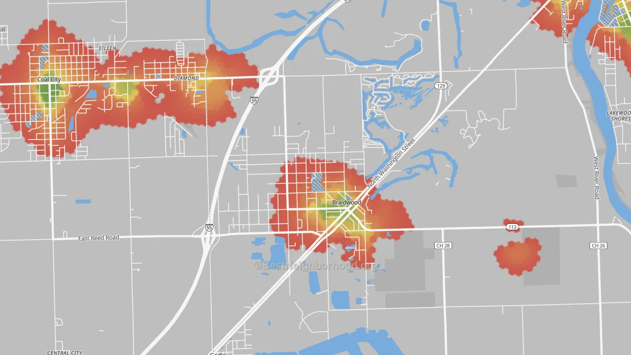 Walk Grade map of Braidwood, IL, walkable areas in green and car-dependent areas in red